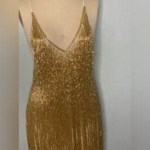 Hand beaded fring dress / gold dress